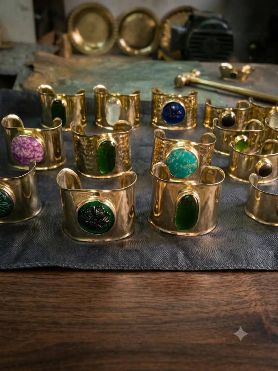 Colección de brazaletes dorados con piedras de colores en el taller