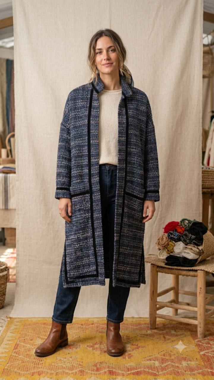 Modelo con Abrigo Tejido Azul Medina de largo midi