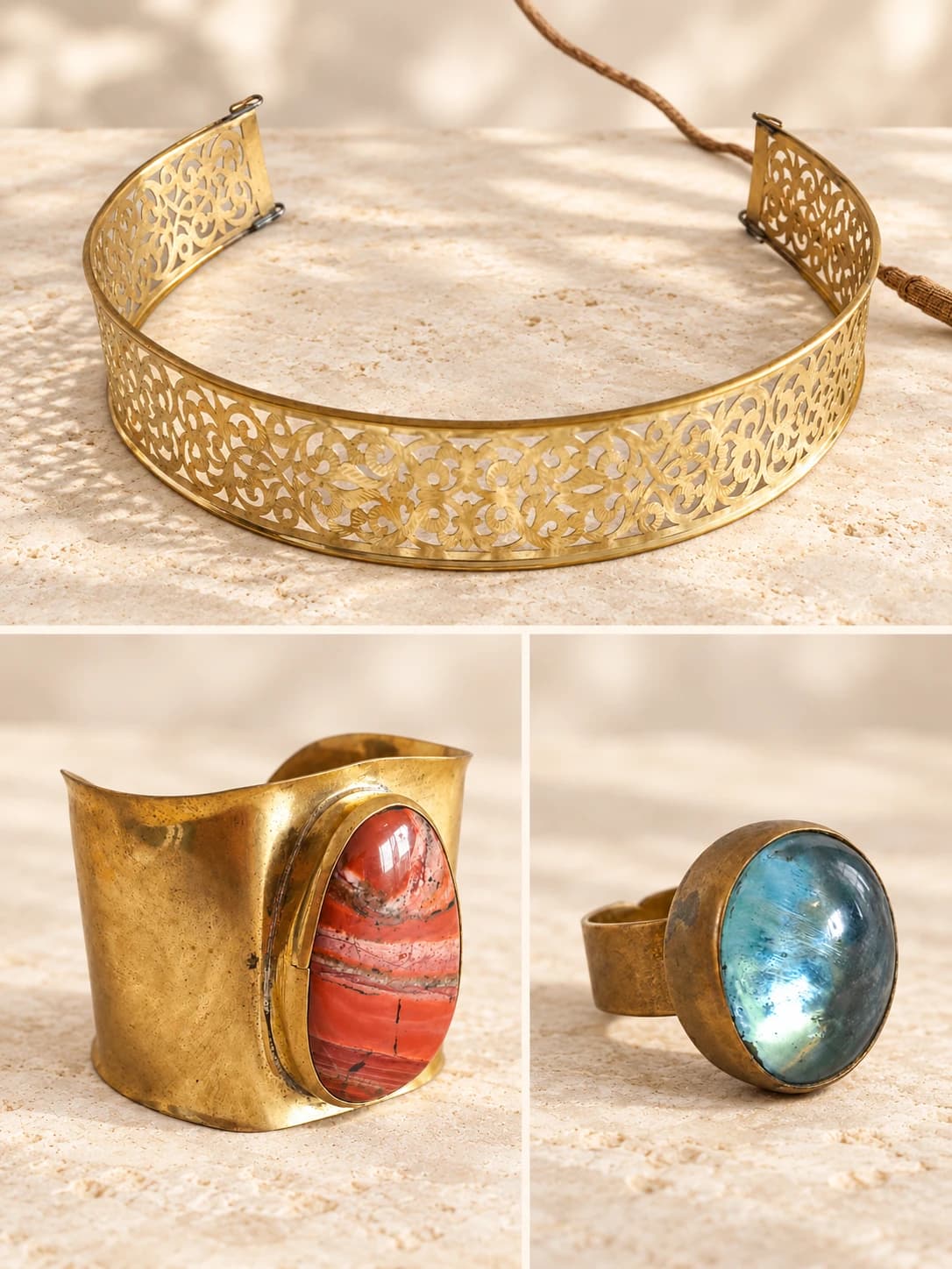 Cinturón de latón calado, brazalete con piedra naranja y anillo con piedra azul.